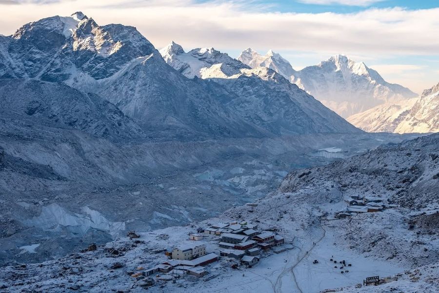 Snow-covered village in Everest region during winter trekking season